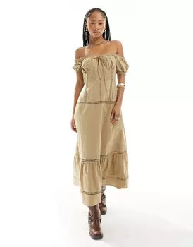 Плиссированное платье миди цвета хаки с открытыми плечами ASOS DESIGN