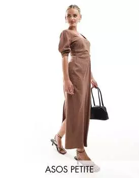 Плиссированное платье миди цвета мокко с овальным вырезом ASOS DESIGN Petite