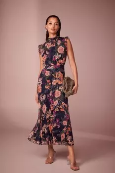 Плиссированное платье миди из цветочной сетки Next, синий