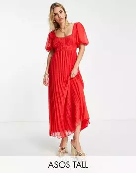 Плиссированное платье миди из красной ткани добби ASOS DESIGN Tall с рукавами-буфами и фестончатыми краями