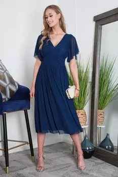 Плиссированное платье миди из тюля с V-образным вырезом и рукавами ангела DOUBLE SECOND, темно-синий