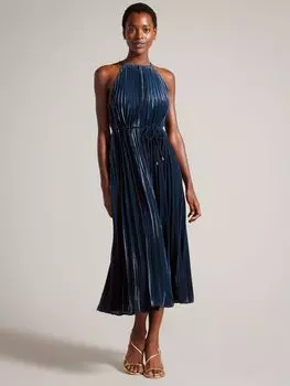 Плиссированное платье миди Kassiah с воротником халтер Ted Baker, темно-синий