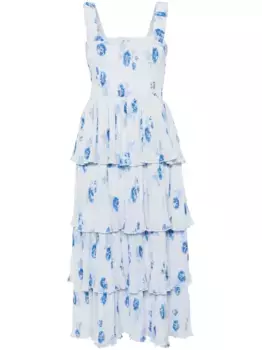 Плиссированное платье миди с цветочным принтом GANNI, синий