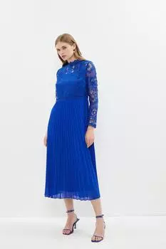 Плиссированное платье-миди с длинным рукавом и высоким воротником Coast, синий