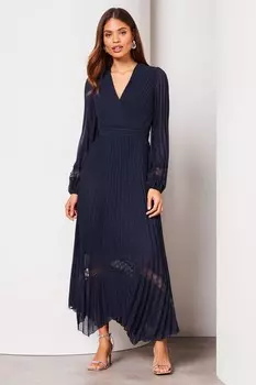 Плиссированное платье миди с длинными рукавами и V-образным вырезом Lipsy, синий