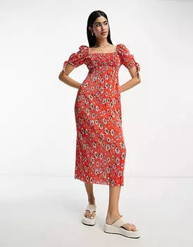Плиссированное платье миди с квадратным вырезом и пышными рукавами ASOS DESIGN