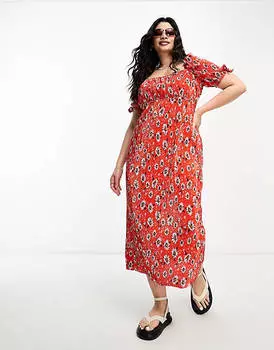 Плиссированное платье миди с квадратным вырезом и пышными рукавами ASOS DESIGN Curve