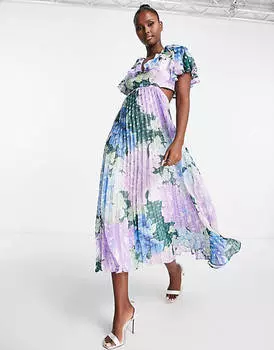 Плиссированное платье миди с металлическим цветочным принтом и оборками ASOS DESIGN