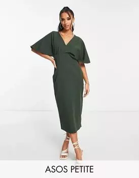 Плиссированное платье миди с объемными рукавами цвета хаки ASOS DESIGN Petite