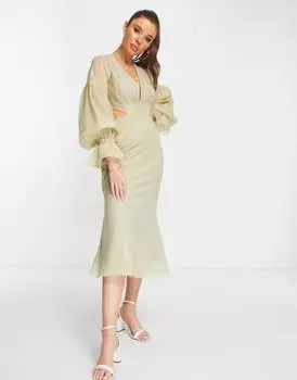 Плиссированное платье миди с объемными рукавами и манжетами ASOS DESIGN