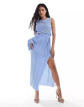 Плиссированное платье миди с одним рукавом и разрезами ASOS DESIGN ледяного синего цвета
