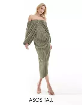 Плиссированное платье миди с открытой спиной ASOS DESIGN Tall мягкого цвета хаки