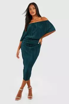 Плиссированное платье миди с открытыми плечами boohoo, зеленый