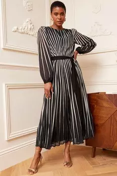 Плиссированное платье миди с поясом и принтом Love & Roses, черный