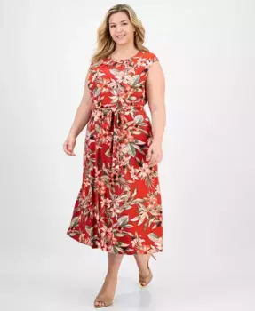 Плиссированное платье миди с поясом и вырезом-замочной скважиной Plus Size Kasper, оранжевый