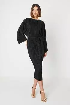 Плиссированное платье миди с разрезным вырезом и поясом Oasis, черный