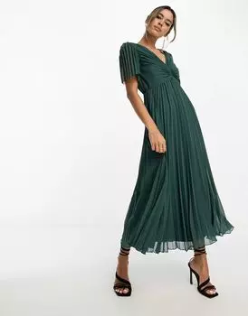Плиссированное платье миди с развевающимися рукавами ASOS сосново-зеленого цвета