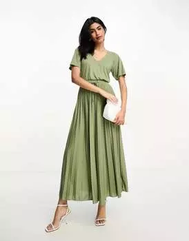 Плиссированное платье миди с V-образным вырезом и завязкой на талии ASOS