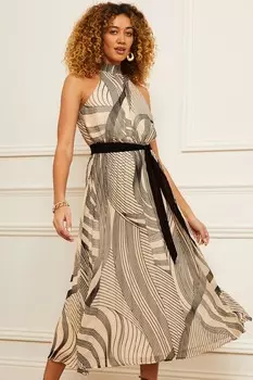 Плиссированное платье миди с вырезом через шею поясом и принтом Love & Roses, белый