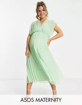 Плиссированное платье миди с вырезом спереди светло-зеленого цвета ASOS DESIGN Maternity