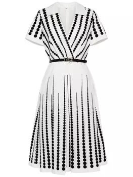 Плиссированное платье миди с вышивкой и поясом Elie Saab, белый