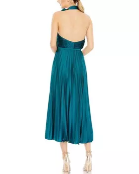 Плиссированное платье миди с высоким воротником и бантом Mac Duggal, синий