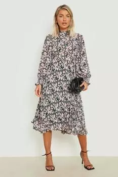 Плиссированное платье миди с высоким воротом и цветочным воротом Boohoo, черный