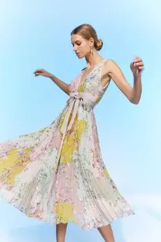 Плиссированное платье миди с завязкой на талии The Collector Coast, мультиколор