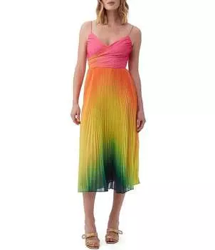 Плиссированное платье миди Trina Turk Natalie с радужным принтом омбре и милым вырезом в форме сердца, мультиколор