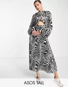 Плиссированное платье миди в фактурную полоску ASOS DESIGN Tall с узлом спереди и высоким вырезом