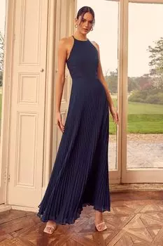 Плиссированное платье подружки невесты макси с кружевной вставкой Love & Roses, синий