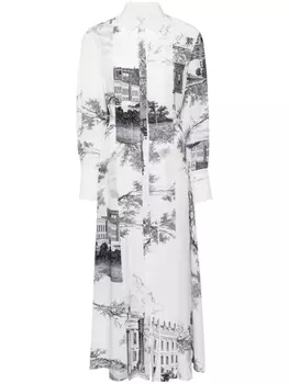 Плиссированное платье-рубашка с графичным принтом Erdem, белый