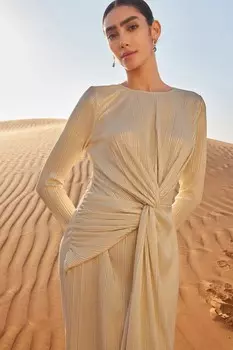 Плиссированное платье с длинными рукавами и завязками Next, желтый