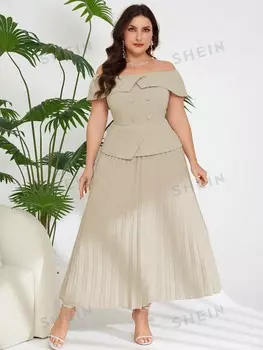 Плиссированное платье с открытыми плечами Modely Plus Shein, абрикосовый