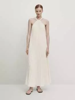 Плиссированное платье с воротником халтер Massimo Dutti, белый