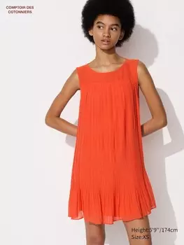 Плиссированное шифоновое платье без рукавов Uniqlo, оранжевый