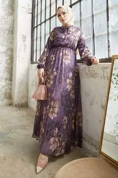 Плиссированное Шифоновое Платье-хиджаб Serena с Цветочным Узором - Фиолетовый InStyle