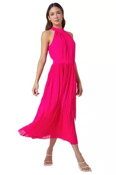 Плиссированное шифоновое платье макси с воротником-халтер Roman, розовый
