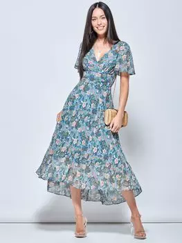 Плиссированное шифоновое платье миди Jolie Moi, темно-бирюзовый с цветочным принтом