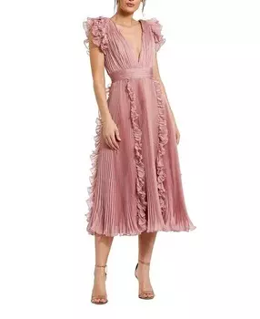 Плиссированное шифоновое платье миди с V-образным вырезом и рюшами Mac Duggal, розовый