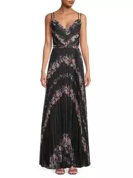 Плиссированное шифоновое платье с цветочным принтом Marchesa Notte Black