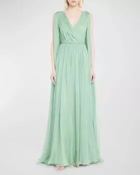 Плиссированное шифоновое платье с накидкой и рукавами Valentino Garavani, цвет Powder Green