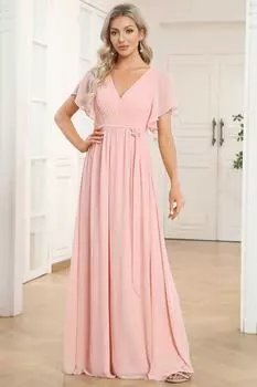 Плиссированное шифоновое вечернее платье А-силуэта с завязкой на талии Ever Pretty, розовый