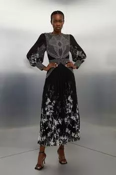 Плиссированное тканое платье-миди с длинными рукавами и украшением Karen Millen, мультиколор