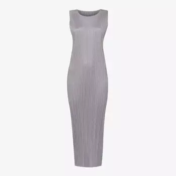 Плиссированное трикотажное платье миди с круглым вырезом Pleats Please Issey Miyake, серый