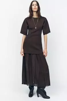 Плиссированное трикотажное платье с контрастными деталями ZARA, коричневый