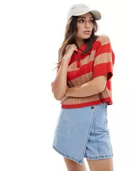 Плиссированное трикотажное поло в оранжево-красную полоску ASOS DESIGN