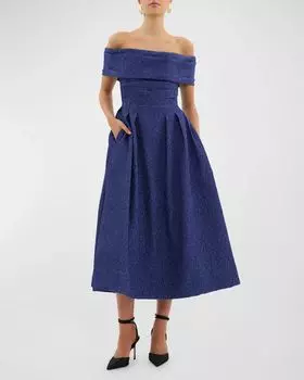 Плиссированное жаккардовое платье миди Helene с открытыми плечами REBECCA VALLANCE, цвет Blue