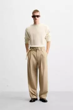 Плиссированные брюки с поясом ZARA, кэмел