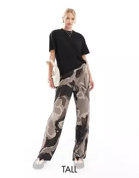 Плиссированные брюки широкого кроя с абстрактным коричневым принтом Vero Moda